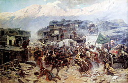 Resistance fighters of Caucasian Mujahidin defend the village of Salta from the invading Russian Imperial Army during the Caucasian War. Shturm aula Salta.jpg