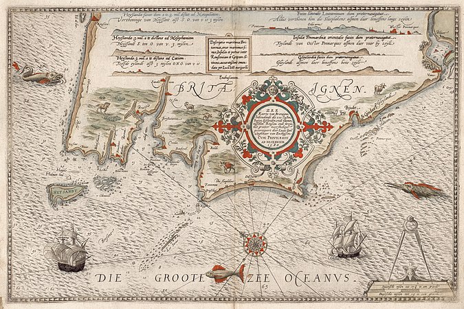 图为16世纪的航海图，当中可见西布列塔尼半岛（法国）。该图刊载于由德国制图师卢卡斯·扬松·瓦格赫纳所著、全球首部印刷海事地图集《导航镜》（Spieghel der zeevaerdt）中。