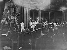 The swearing in of king of Haakon VII in the Parliament of Norway Building.