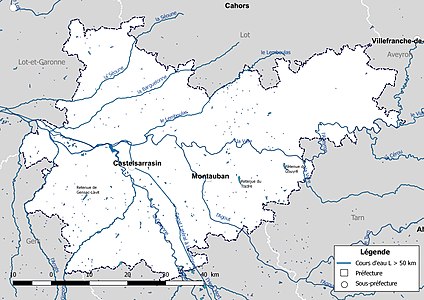 Carte des cours d'eau de longueur supérieure à 50 km de Tarn-et-Garonne.