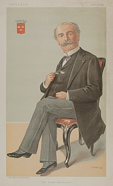 A colored drawing of a man seated in a chair holding spectacles, with a small coat of arms beside him
