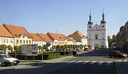 Town square with the Church of Saints Francis Xavier and Ignatius of Loyola