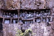 A stone-carved burial site. Tau tau (effigies of the deceased) were put in the cave, looking out over the land.