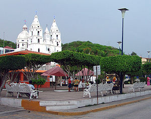 Town square in Cihuatlán, showing church building and plaza