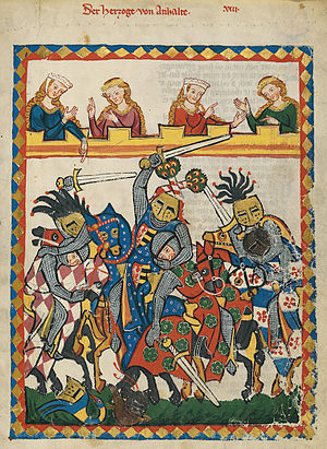 Tournament from the Codex Manesse, depicting t...