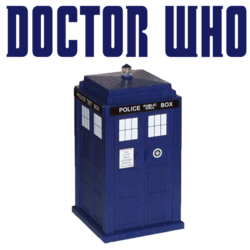 Doctor Who police box with text title