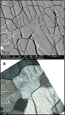 Trets de deformació planar observades amb microscopi electrònic de transmissió i microscopi de llum polaritzada en mineral procedent del cràter d'impacte de Bosumtwi.