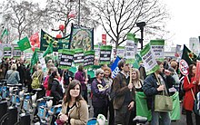 Green Party protestors marching against government cuts in 2011. Green Party protestors 2011.jpg