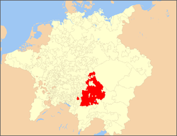 Bavaria highlighted on a map of the Holy Roman Empire in 1648