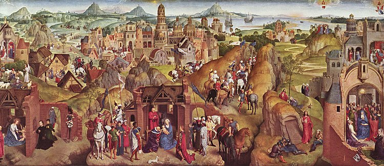 Hans Memling's so-called Seven Joys of the Virgin. In fact this is a later title for a Life of the Virgin cycle on a single panel. Altogether 25 scenes, not all involving the Virgin, are depicted. 1480, Alte Pinakothek, Munich Hans Memling 056.jpg