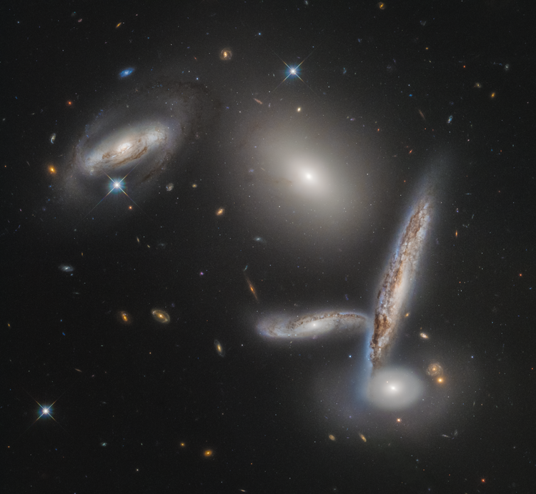 32nd anniversary image - April 2022 - The Image shows an unusual close-knit collection of five galaxies, called The Hickson Compact Group 40. Three spiral-shaped galaxies, an elliptical galaxy, and a lenticular (lens-like) galaxy, these different galaxies crossed paths in their evolution to create an exceptionally crowded and eclectic galaxy sampler. Hickson Compact Group 40 - Flickr - geckzilla.png