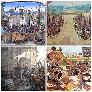 По часовой стрелке, сверху слева: битва при Ла-Рошели, битва при Азенкуре, битва при Пате и Жанна д'Арк при осаде Орлеана.