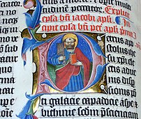 The illuminated letter P in the Malmesbury Bible.