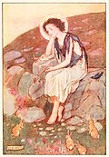 A young person sits on a rock, surrounded by rabbits and birds