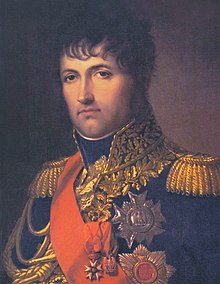 Painting shows a clean-shaven, dark-haired man wearing a dark blue military uniform with lots of decorations and gold lace.