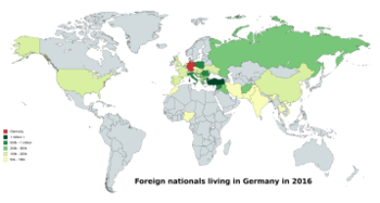 Germany is home to the second-largest number of international migrants worldwide. In 2016, around 23% of Germany's population do not hold a German passport or are descendants of immigrants. Map foreign nationals germany 2016.png
