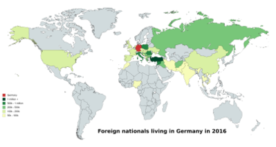 As of 2016, there are over 10 million foreign nationals from all around the globe living and working in Germany, making up almost 12% of the population. Map foreign nationals germany 2016.png