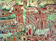 Mural of Tang dynasty Chinese architecture from Mogao Grotto Cave 217, constructed in 707-710 Mogao Cave 217.jpg