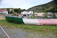 Een boot in de kleuren van de Newfoundlandse driekleur in Quidi Vidi (St. John's)