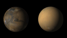Comparison of Mars with and without the dust storm that caused the end of the Opportunity rover, taken by MARCI in 2018 PIA22487-Mars-BeforeAfterDust-20180719.gif