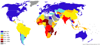 World map showing percent of population living...