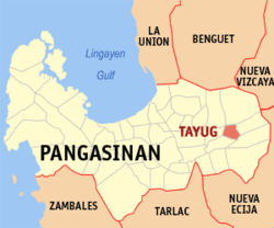 Map of Pangasinan showing the location of Tayug