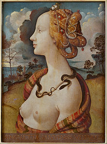 Portrait of a blonde woman with bare breasts