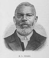 Black and white engraving of the bust of a Black man with short white hair and beard, wearing a black suit jacket over a white shirt