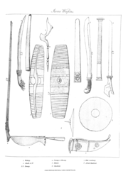 Senjata orang Jawa, termasuk sebuah istinggar Bali (1.9 m panjang) di sebelah kiri gambar.