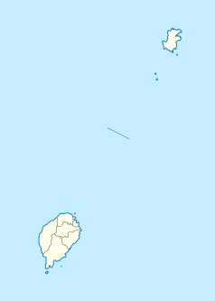 Mapa konturowa Wysp Świętego Tomasza i Książęcej, na dole nieco na lewo znajduje się punkt z opisem „Biblioteka Narodowa Wysp Świętego Tomasza i Książęcej”