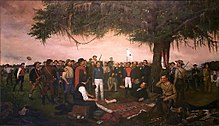 Surrender of Santa Anna by William Henry Huddle shows the Mexican president and general surrendering to a wounded Sam Houston in 1836. SantaAnnaSurrender.jpg