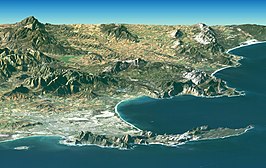 Landsat beeld met het Kaapse Schiereiland op de voorgrond. Op dit computer gegenereerde perspectief beeld wordt een satellietfoto gecombineerd met geaccentueerde hoogte data. [https://photojournal.jpl.nasa.gov/catalog/PIA04961