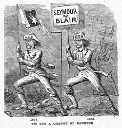 1868 Republican cartoon identifies Democratic candidates Seymour and Blair (right) with KKK violence and with Confederate soldiers (left). Seymour US Reconstruction antidem poster.jpg