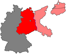 Pink: portions of Germany east of the Oder-Neisse line attached to Poland (except for northerly East Prussia and the adjoining Memel Territory, not shown here, which were joined directly to the Soviet Union). Red: the Soviet Occupation zone of Germany. Soviet Occupied Germany.png