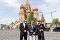 Soyuz crew in front of St. Basil's Cathedral in Moscow's Red Square