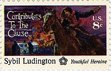 Image of US 8-cent stamp is labeled, "Sybil Ludington Youthful Heroine".