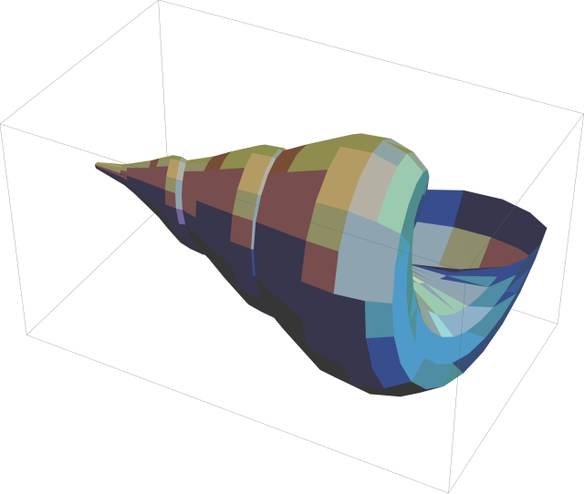 graphics complex of a seashell with toon shading modeled in Mathematica 13.1