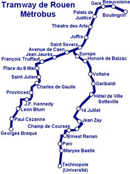 Routekaart van de Tram van Rouen