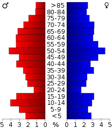 Schéma représentant la population du comté, par tranche d'âge. En rouge, à gauche, les femmes, en bleu à droite, les hommes.