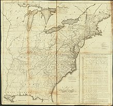 Abraham Bradley's 1796 map of the United States includes many forts and settlements within the Northwest Territory. USPostRoadMap1796.jpg