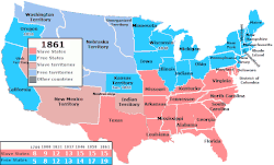 alt=Peta pembagian negara bagian dalam Perang Saudara Amerika (1861–1865). *   Persatuan Amerika pada tahun 1861 *   Klaim yang dibuat oleh Persatuan