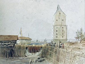 Linjeskeppet Dristigheten utdockas på Karlskronavarvet 1848. I det yttre svajningsrummet bakom ligger Prins Oscar. Samtida akvarell av Johan Christian Berger.