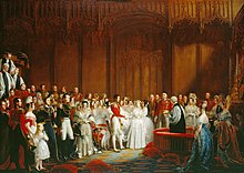 Painting of a lavish wedding attended by richly dressed people in a magnificent room
