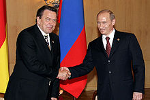 Schroder with Russian president Vladimir Putin in Moscow on 9 May 2005 Vladimir Putin with Gerhard Schroeder-1.jpg