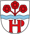 Gemeinde Himmelstadt In Silber ein blauer Wellenbalken; darüber ein dreiteiliger, roter Rosenzweig, darunter das rote Monogramm HP.