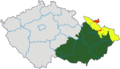 Zem Moravsko-sliezska (vyznačená zelenou, žltou a červenou) na mape Česka