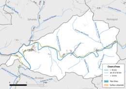 Carte en couleur présentant le réseau hydrographique de la commune