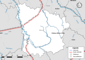 Carte du réseau routier national (autoroutes et routes nationales) dans le département de la Nièvre