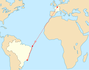 Plano do voo AF 447, que se dirigia para nordeste. A linha vermelha mostra a rota real. O tracejado indica a rota planejada a partir da última posição captada pelo radar (tempo em UTC).
