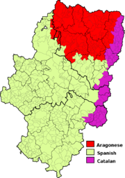 Languages distribution in Aragon (Aragonese in red)
